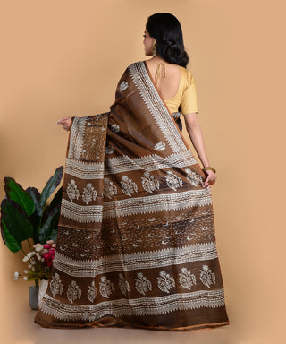 Resham Shilpi Elegant Brown Silk Block Printed Saree 