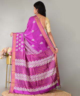 Resham Shilpi Exclusive Hand Block Printed Mulberry Silk Saree with Zari Border | Traditional Indian Silk Saree for Festive & Wedding Wear