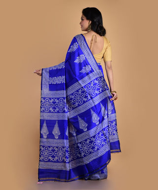 Resham Shilpi Elegant Navy Blue Silk Block Printed Saree