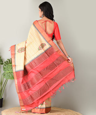Resham Shilpi Exclusive Block Printed Tussar Saree with Zari Border
