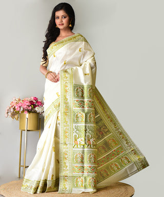 Resham Shilpi Exclusive Handwoven Baluchari Silk Saree – Traditional Bengal Weave with Intricate Mythological Motifs