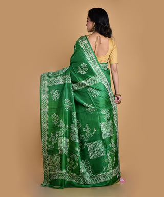 Resham Shilpi Elegant Leaf Green Silk Block Printed Saree