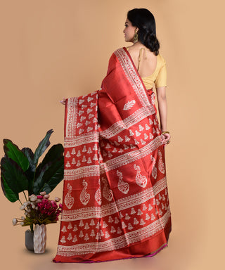 Resham Shilpi Rose Red Silk Block Printed Saree