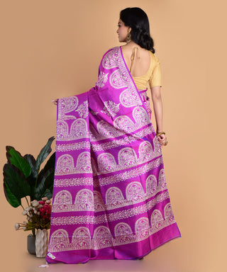 Resham Shilpi Violet Silk Block Printed Saree