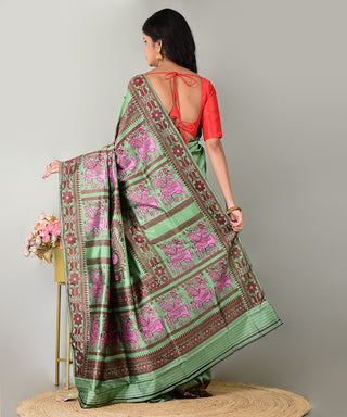 Resham Shilpi Exclusive Handwoven Baluchari Silk Saree – Traditional Bengal Weave with Intricate Mythological Motifs