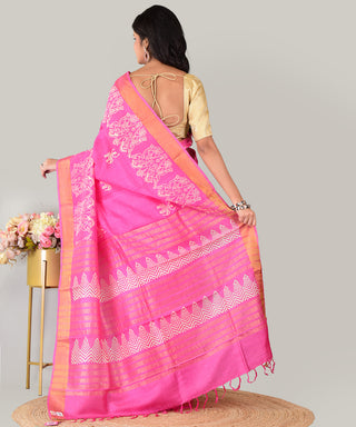 Resham Shilpi Exclusive Hand Block Printed Mulberry Silk Saree with Zari Border | Traditional Indian Silk Saree for Festive & Wedding Wear