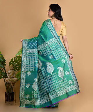 Resham Shilpi Elegant Metallic Green Silk Block Printed Saree