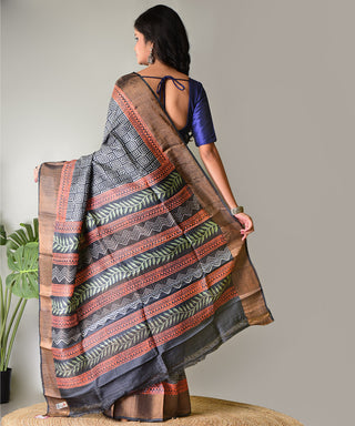 Resham Shilpi Exclusive Block Printed Tussar Saree with Zari Border